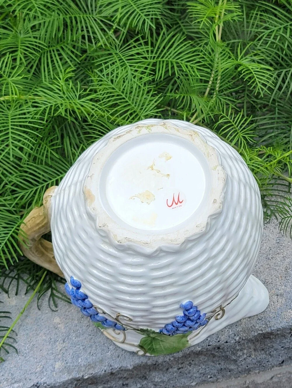 Italian Ceramic Basketweave with Grapevine Design Pitcher Textured